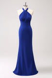 Glitter Blue Halter Mermaid Bridesmaid Dress with Detachable Ribbon