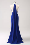 Glitter Blue Halter Mermaid Bridesmaid Dress with Detachable Ribbon