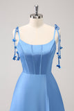 Blue A Line Spaghetti Straps Satin Floor Length Dress with Slit