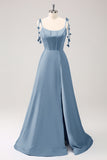 Blue Scoop Neck A Line Spaghetti Straps Satin Prom Dress with Bow