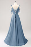 Blue A Line Spaghetti Straps Satin Floor Length Dress with Slit