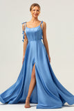 Blue Scoop Neck A Line Spaghetti Straps Satin Prom Dress with Bow