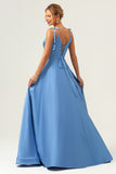 Blue Scoop Neck A Line Spaghetti Straps Satin Prom Dress with Bow