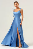 Blue Scoop Neck A Line Spaghetti Straps Satin Prom Dress with Bow