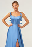 Blue Scoop Neck A Line Spaghetti Straps Satin Prom Dress with Bow