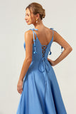 Blue Scoop Neck A Line Spaghetti Straps Satin Prom Dress with Bow