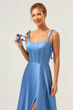 Blue Scoop Neck A Line Spaghetti Straps Satin Prom Dress with Bow