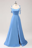 Blue Scoop Neck A Line Spaghetti Straps Satin Prom Dress with Bow