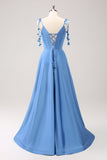 Blue Scoop Neck A Line Spaghetti Straps Satin Prom Dress with Bow