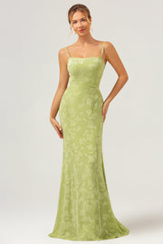 Green Spaghetti Straps Embroidery Mermaid Bridesmaid Dress