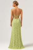 Green Embroidery Mermaid Bridesmaid Dress with Lace Up Back