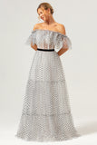 White Black Dot Corset Off-the-Shoulder A-Line Prom Dress with Sash