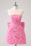 Fuchsia A Line Floral Strapless Short Prom Dress With Bow