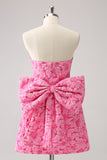 Fuchsia A Line Floral Strapless Short Prom Dress With Bow