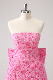 Fuchsia A Line Floral Strapless Short Prom Dress With Bow