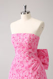 Fuchsia A Line Floral Strapless Short Prom Dress With Bow