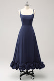 Dusty Blue A Line Tea Length Bridesmaid Dress