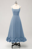 Dusty Blue A Line Tea Length Bridesmaid Dress