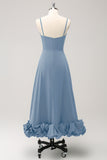 Dusty Blue A Line Tea Length Bridesmaid Dress