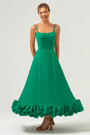 Green Spaghetti Straps A Line Tea Length Bridesmaid Dress