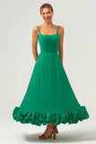 Green Spaghetti Straps A Line Tea Length Bridesmaid Dress