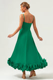 Green Spaghetti Straps A Line Tea Length Bridesmaid Dress