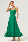 Green Spaghetti Straps A Line Tea Length Bridesmaid Dress