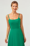 Green Spaghetti Straps A Line Tea Length Bridesmaid Dress