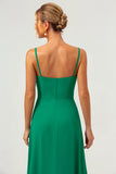 Green Spaghetti Straps A Line Tea Length Bridesmaid Dress