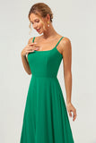 Green Spaghetti Straps A Line Tea Length Bridesmaid Dress