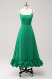 Green Spaghetti Straps A Line Tea Length Bridesmaid Dress