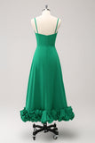 Green Spaghetti Straps A Line Tea Length Bridesmaid Dress