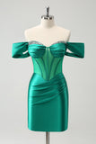 Green Off the Shoulder Corset Boning Satin Tight Prom Dress