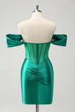 Green Off the Shoulder Corset Boning Satin Tight Prom Dress