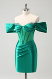 Green Off the Shoulder Corset Boning Satin Tight Prom Dress