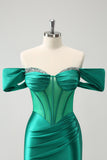 Green Off the Shoulder Corset Boning Satin Tight Prom Dress