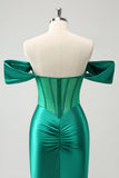 Green Off the Shoulder Corset Boning Satin Tight Prom Dress