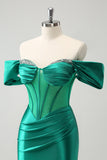 Green Off the Shoulder Corset Boning Satin Tight Prom Dress