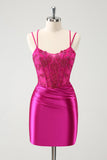 Fuchsia Bodycon Spaghetti Straps Satin Short Prom Dress with Beading