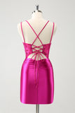 Fuchsia Bodycon Spaghetti Straps Satin Short Prom Dress with Beading