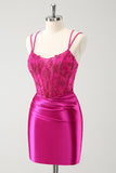 Fuchsia Bodycon Spaghetti Straps Satin Short Prom Dress with Beading