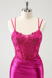 Fuchsia Bodycon Spaghetti Straps Satin Short Prom Dress with Beading