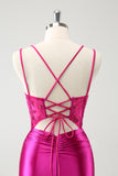 Fuchsia Bodycon Spaghetti Straps Satin Short Prom Dress with Beading