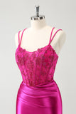 Fuchsia Bodycon Spaghetti Straps Satin Short Prom Dress with Beading