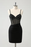 Black Bodycon Spaghetti Straps Corset Boning Short Prom Dress with Beading