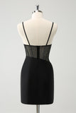 Black Bodycon Spaghetti Straps Corset Boning Short Prom Dress with Beading