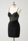 Black Bodycon Spaghetti Straps Corset Boning Short Prom Dress with Beading