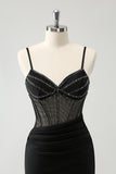 Black Bodycon Spaghetti Straps Corset Boning Short Prom Dress with Beading