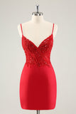 Sparkly Red Bodycon Spaghetti Straps Prom Dress with Sequins