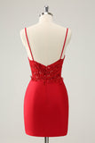 Sparkly Red Bodycon Spaghetti Straps Prom Dress with Sequins